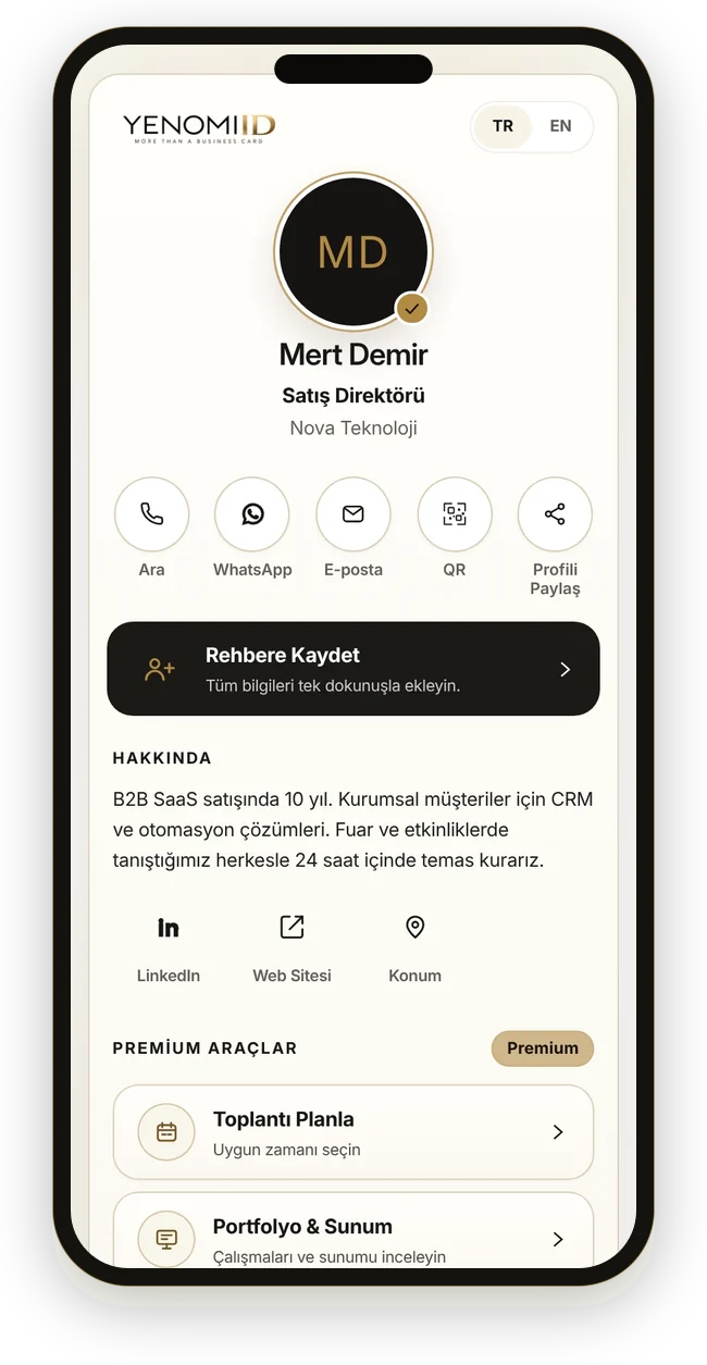 Telefonda açılmış Yenomi ID Dijital Profili: Ara, WhatsApp, E-posta, QR, Profili Paylaş ve Rehbere Kaydet
