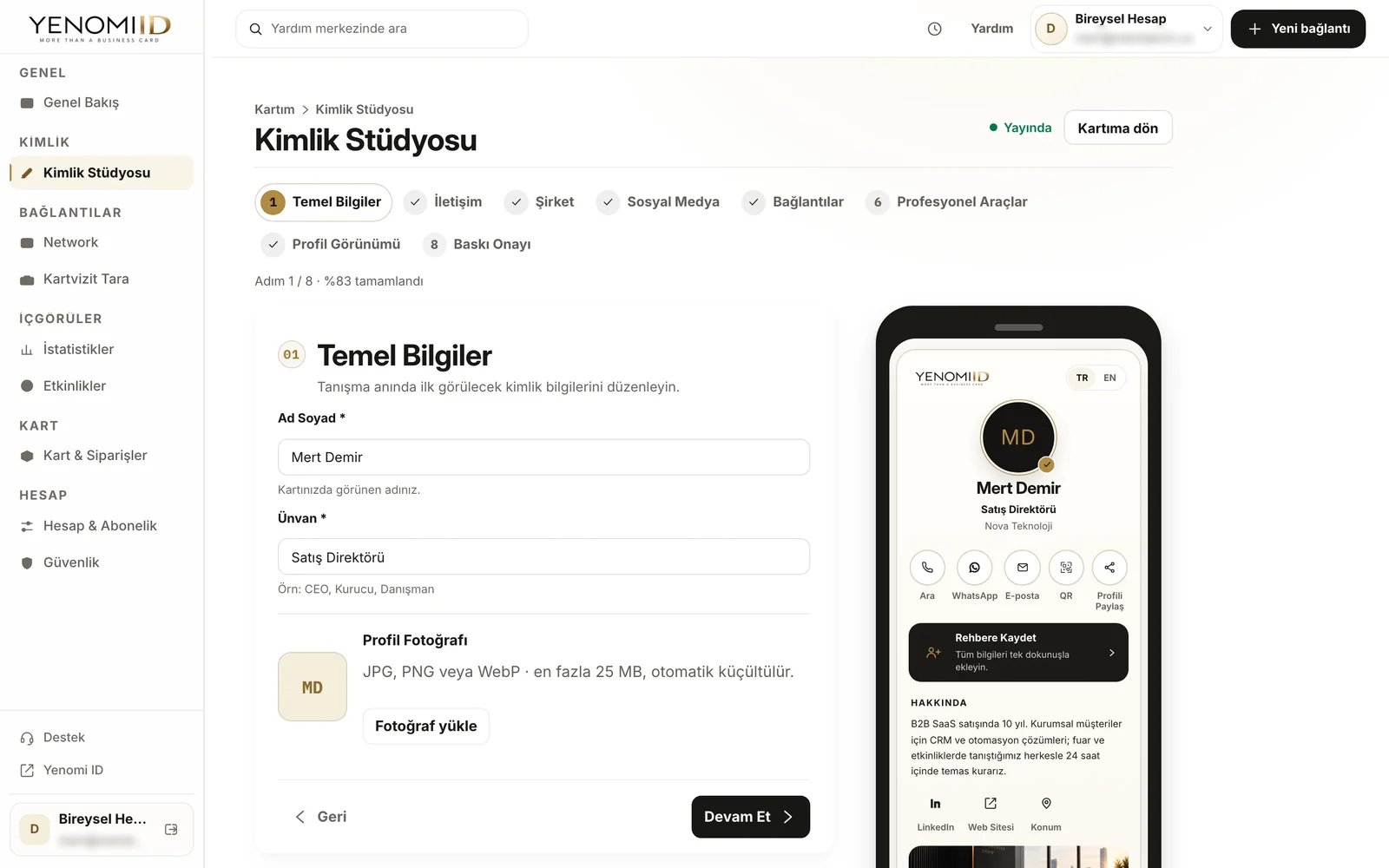 Yenomi ID panelinde Kimlik Stüdyosu: Temel Bilgiler formu ve yanında profilin önizlemesi